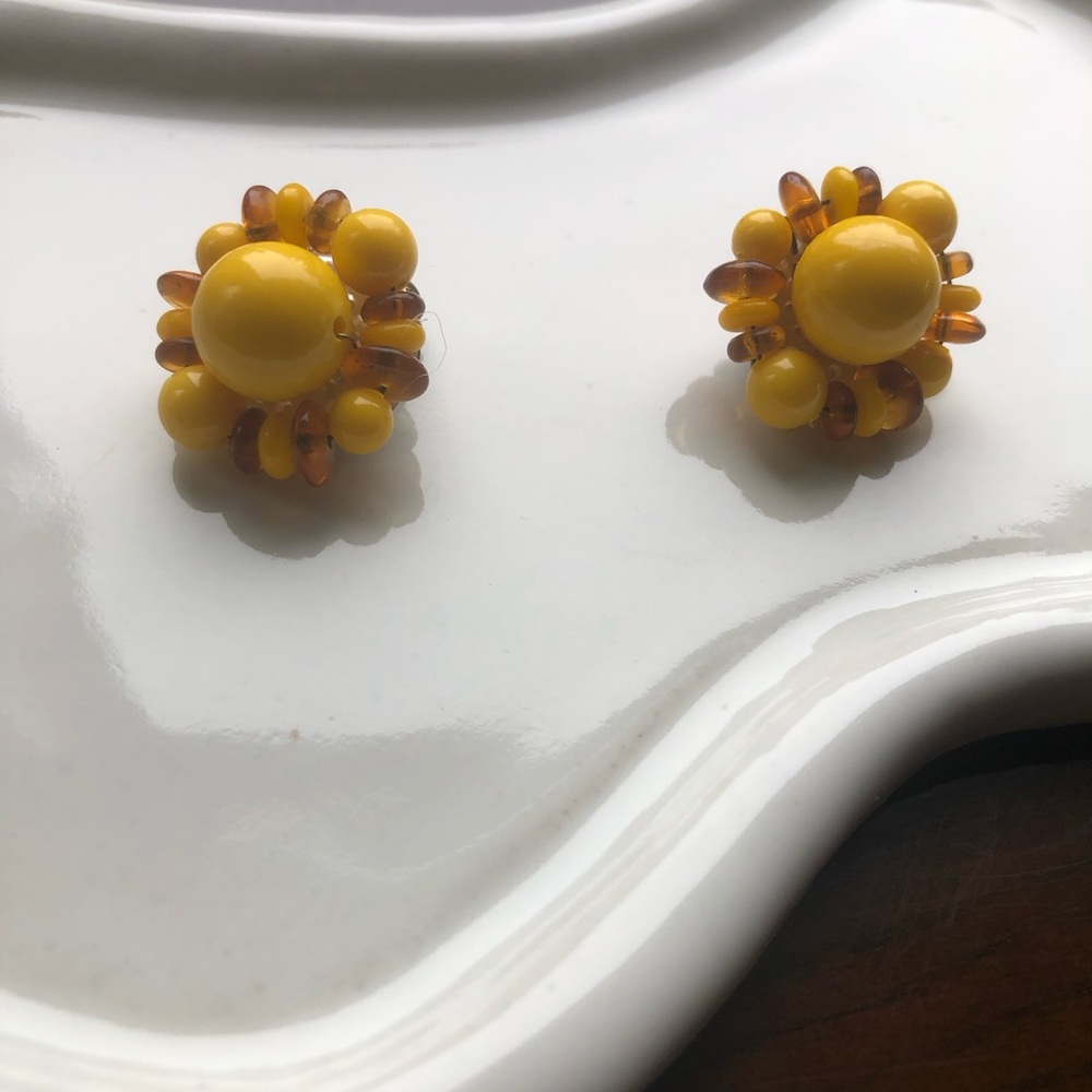 Vintage Beaded Yellow Flower Clip-On Earrings